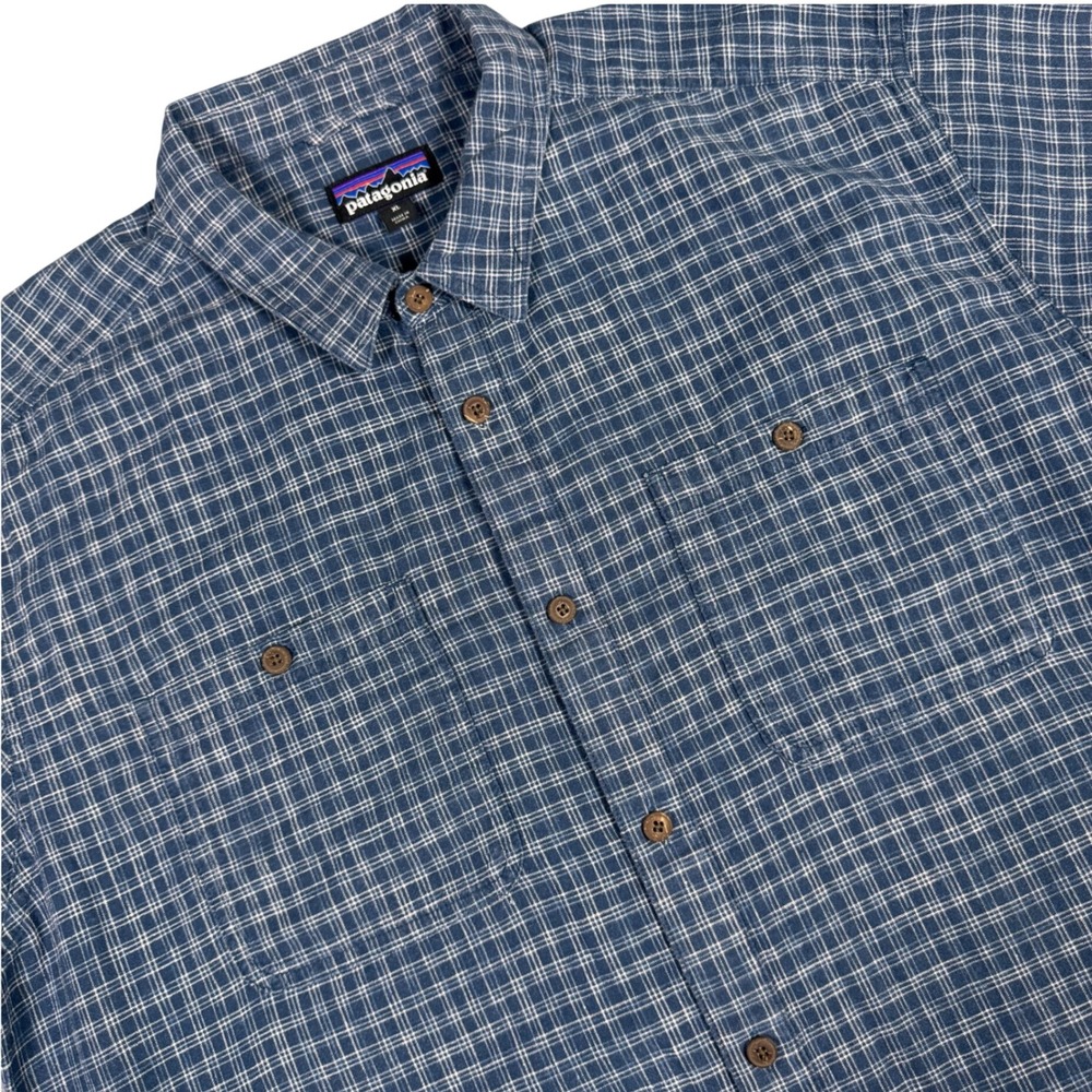 Patagonia Back Step Plaid Shirt Mens XL Blue Short Sleeve Hemp Cotton Blend